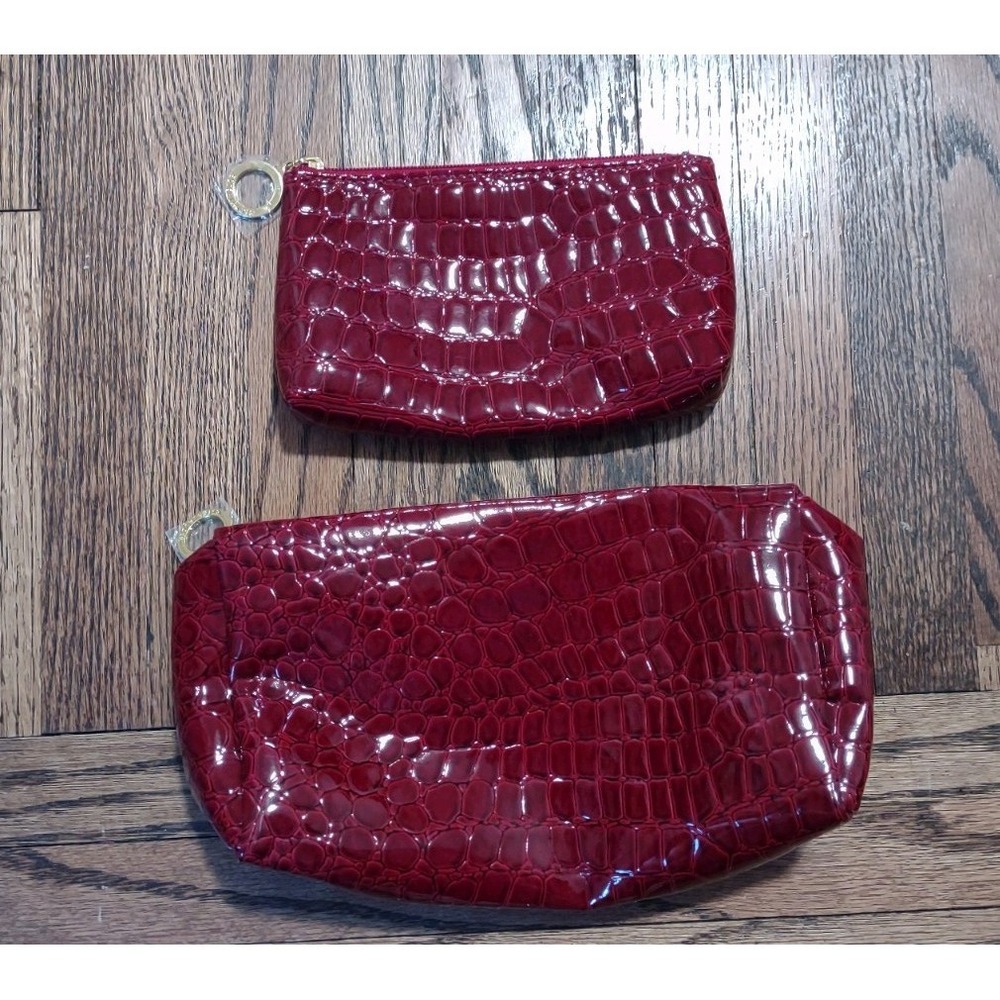 Estee Lauder Red Croc Embossed Cosmetic Bag Set - 2 Piece Makeup Pouch GWP